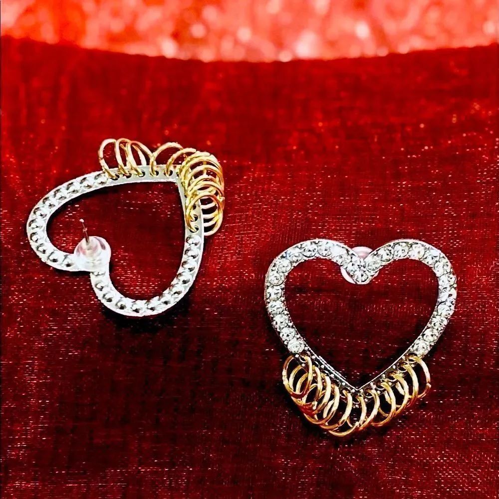 Silver Crystal Hearts Multi Gold Hoops Dangle Statement Earrings NEW